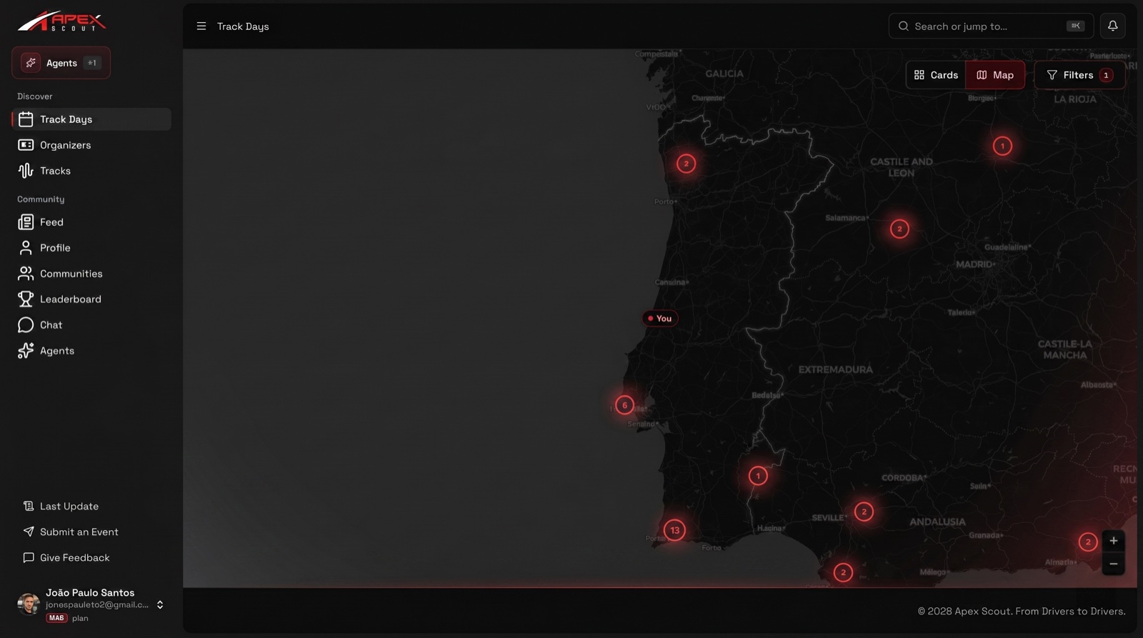 Track Day map view across Europe