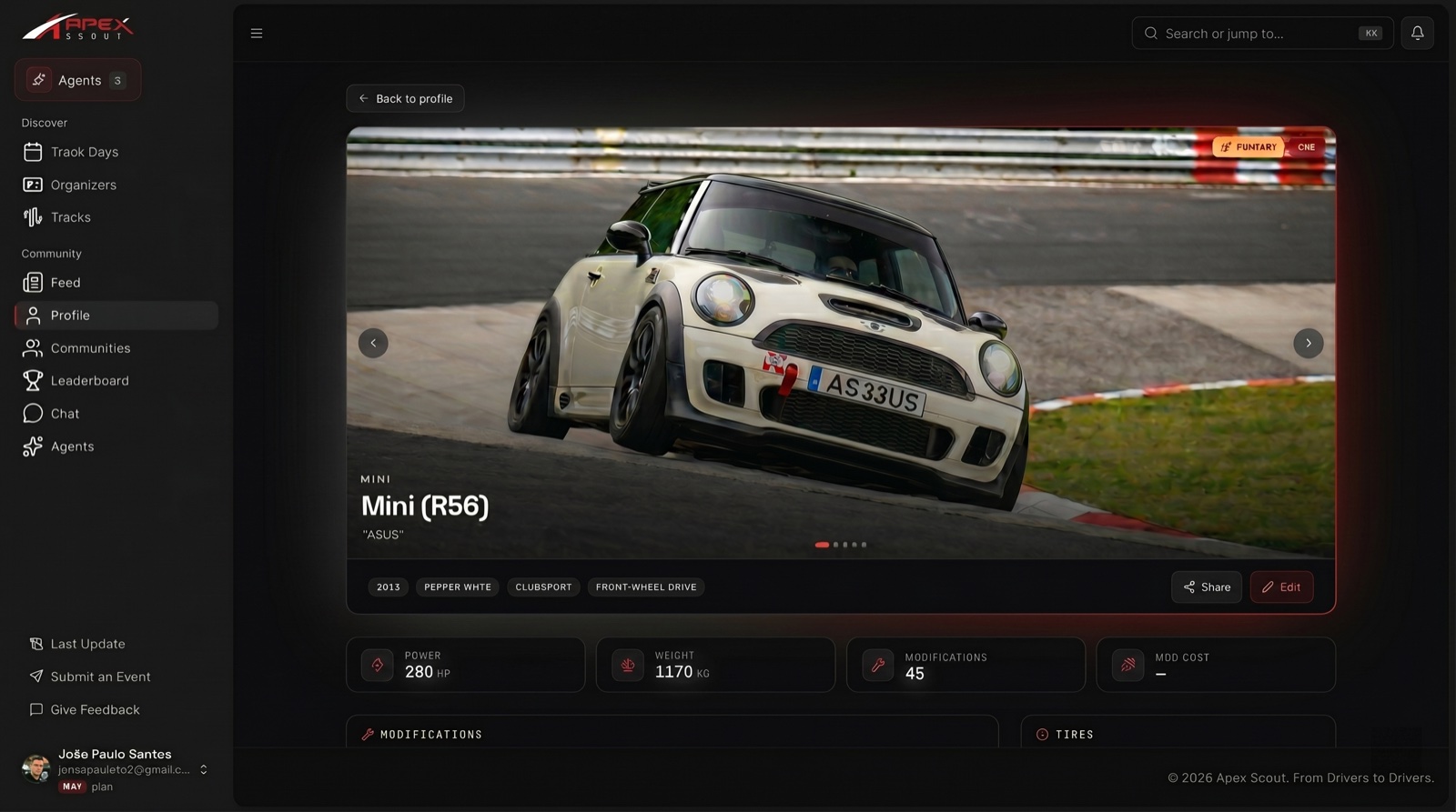 Garage vehicle profile with stats and modifications